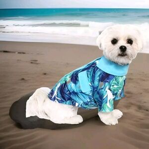 Dog Shirt Medium Hawaiian Palms Tropical Blue Snaps Faux Pockets Cotton Blend
